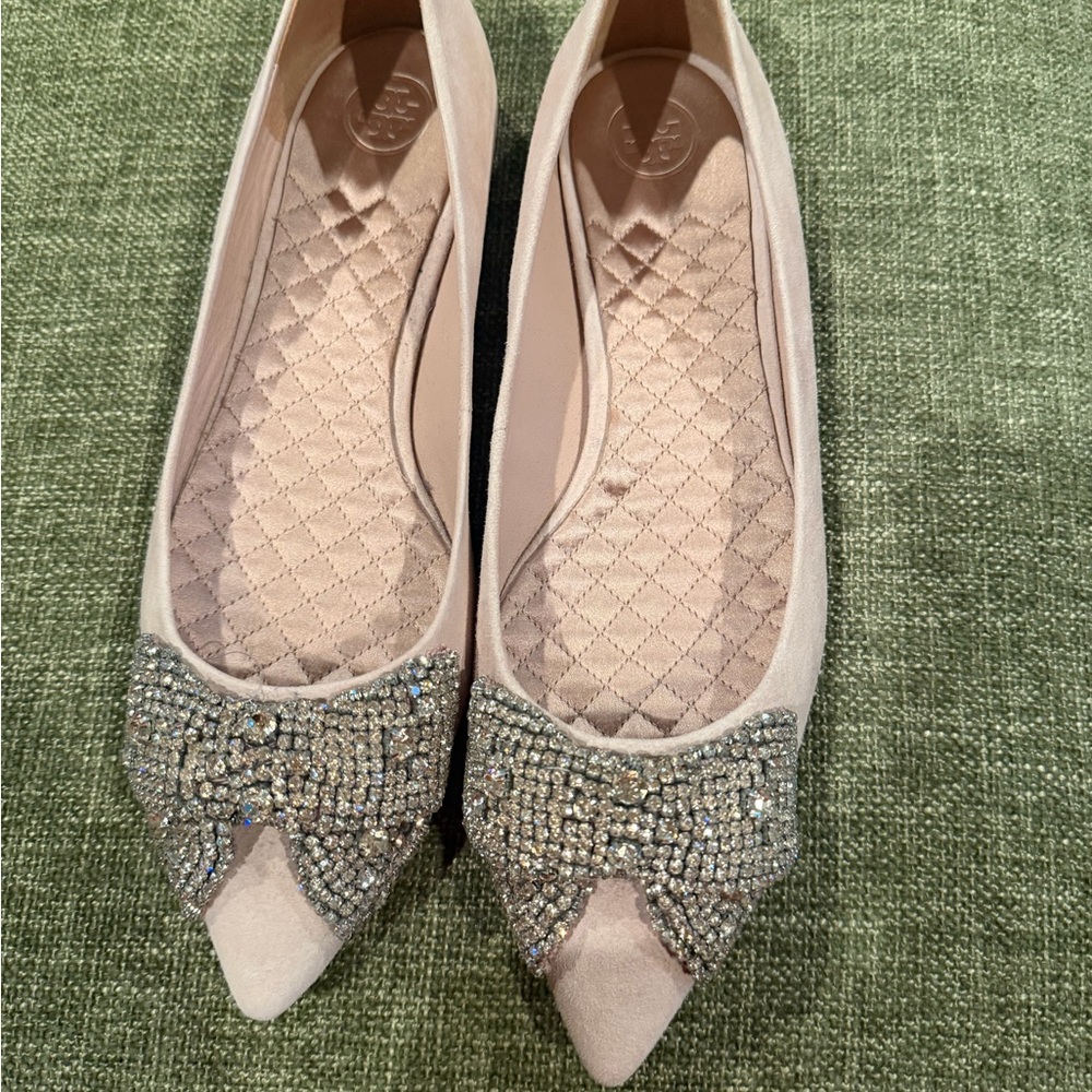 Tory Burch Blush Pointed-Toe Flats with Crystal Bow